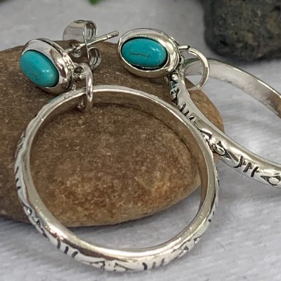 Etched Drop Hoop with Turquoise Gemstone Earrings - Picture 3 of 9